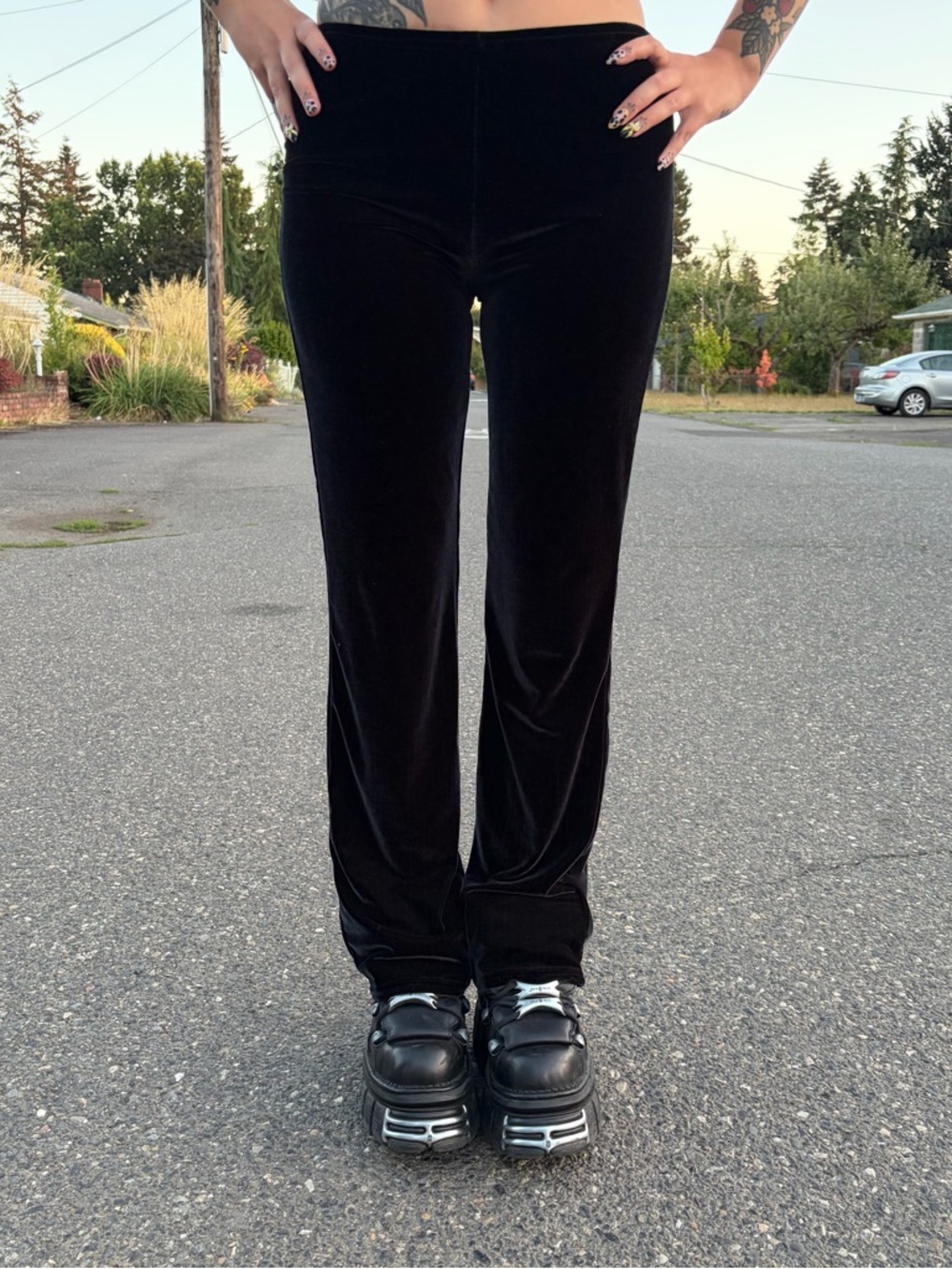 Vintage 90s Black Velvet Pinstripe Flare Pants - Picture 3 of 5
